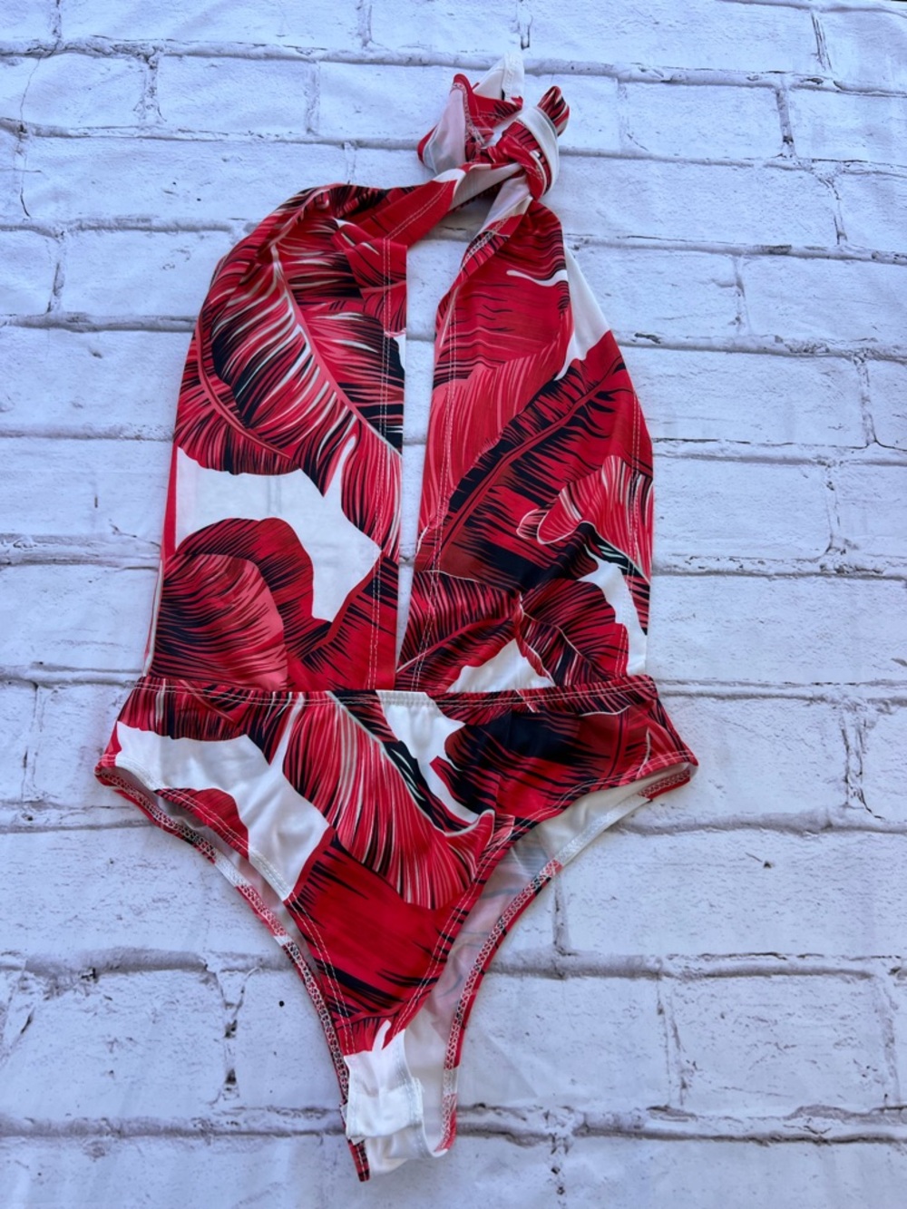 Banjul Red and White Tropical Halter One-Piece Swimsuit and cover up (kimono)